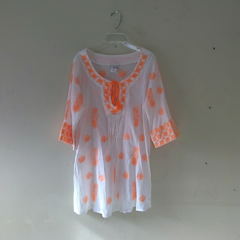 Trina Turk White and Orange Embroidered Blouse